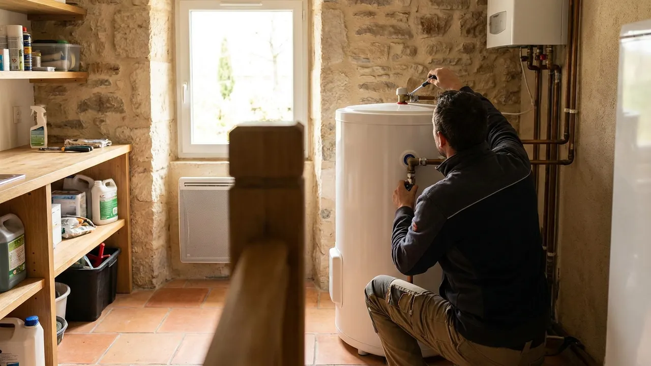 Plombier contrôlant le groupe de sécurité et les raccordements d'un ballon d'eau chaude électrique dans un appartement de Paris 16
