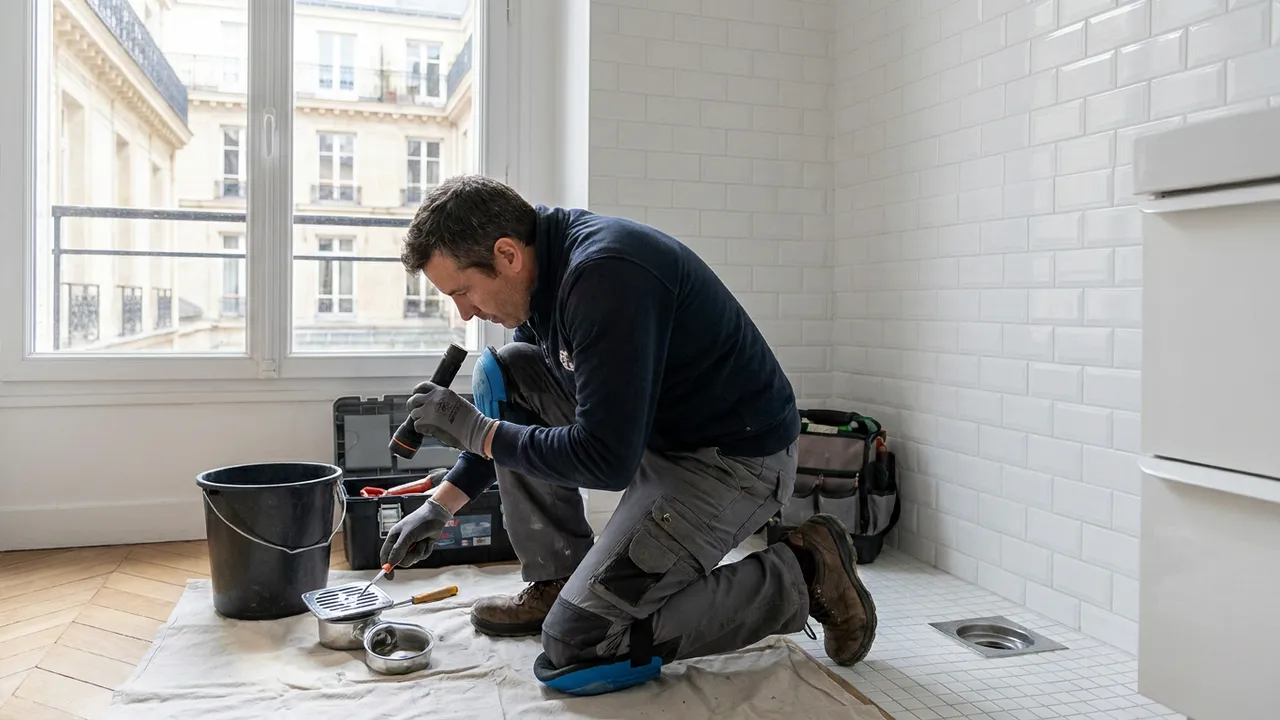 Plombier inspectant et nettoyant le siphon de sol d'une salle d'eau pour vérifier la garde d'eau dans un appartement de Paris 16