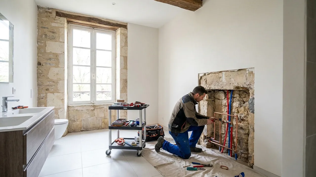 Plombier installant des réseaux cuivre et PER neufs dans une salle de bain en cours de rénovation à Paris 16